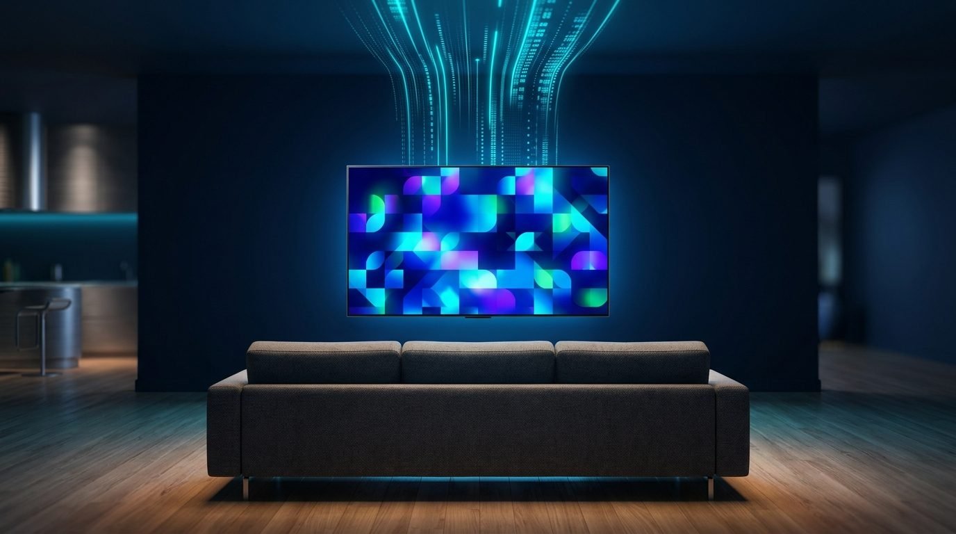Sala de estar à noite com uma televisão exibindo conteúdo em alta definição, alimentada por um fluxo de dados vindo da internet